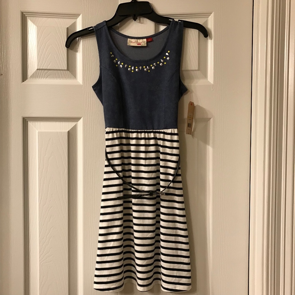 Girls denim dress with black and white stripes,  SZ M, NWT